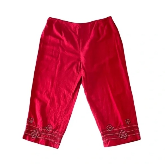 Hearts Of Palm | Red Embroidered Linen Blend Flat Front Cropped Pants, Size 16 - Picture 1 of 4